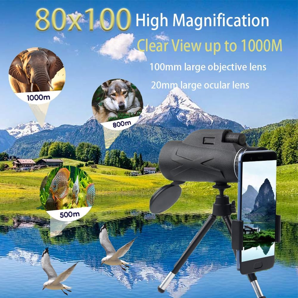 Monokular mit Stativ und Handyhalterung vor Bergsee-Landschaft. Bilder von Elefant, Wolf, Fischen.