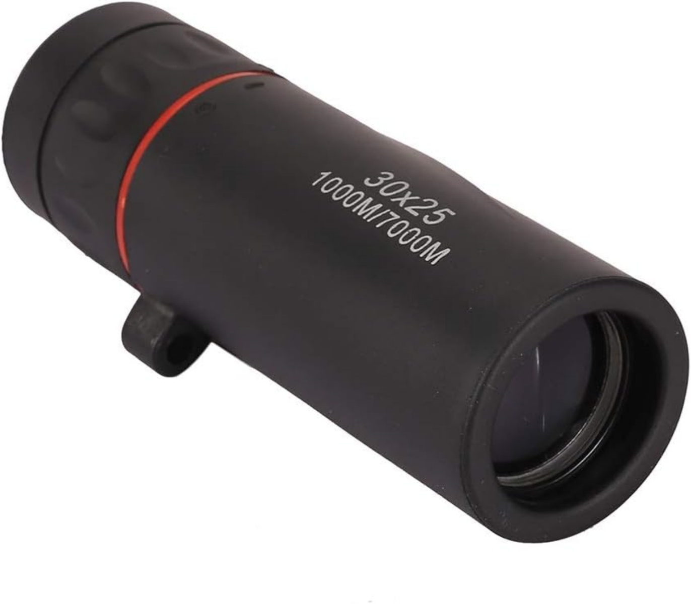 Ein schwarzes Monokular mit rotem Ring und Beschriftung 30x25 1000M/7000M.