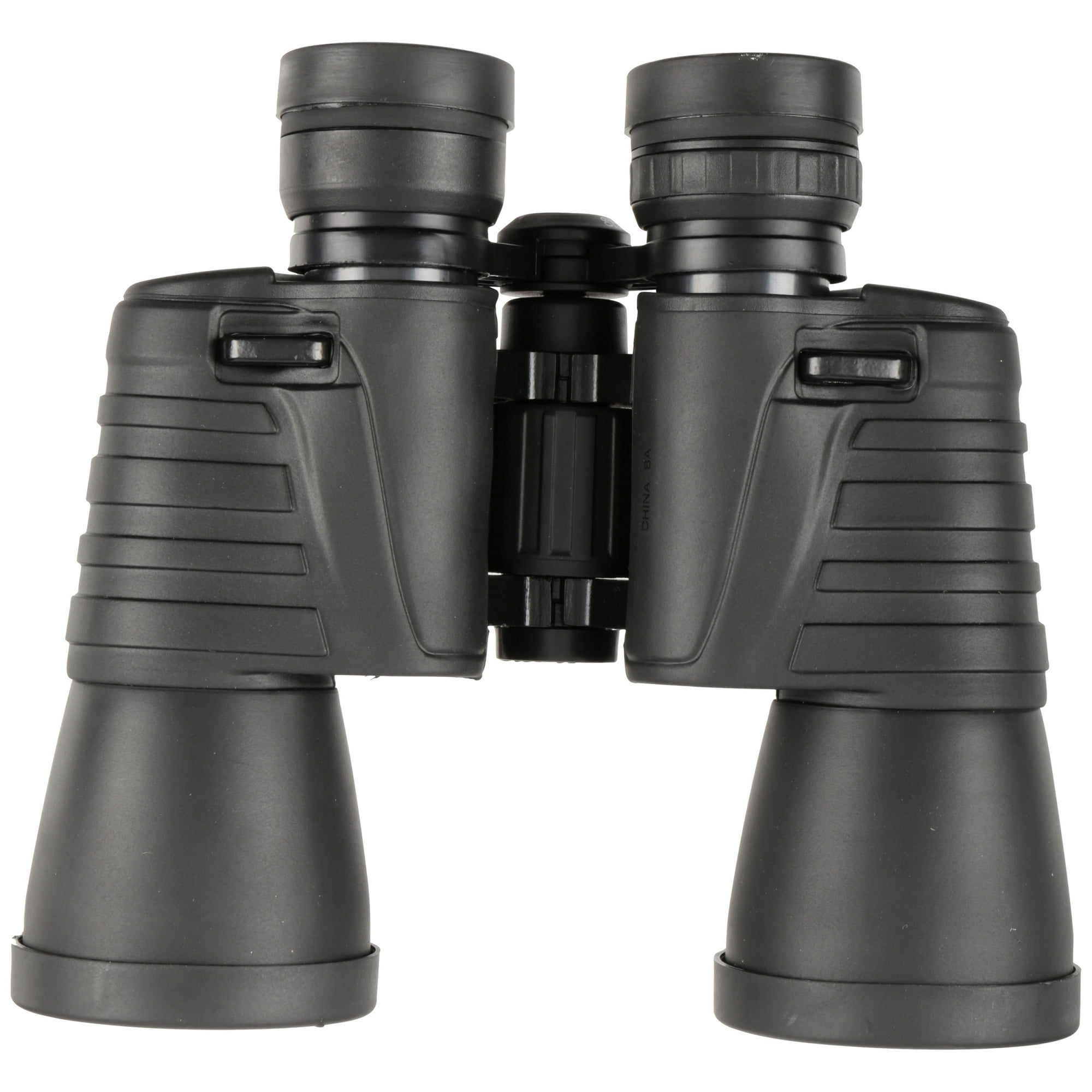 Schwarzes Fernglas mit geriffelten Griffen und Objektivkappen.