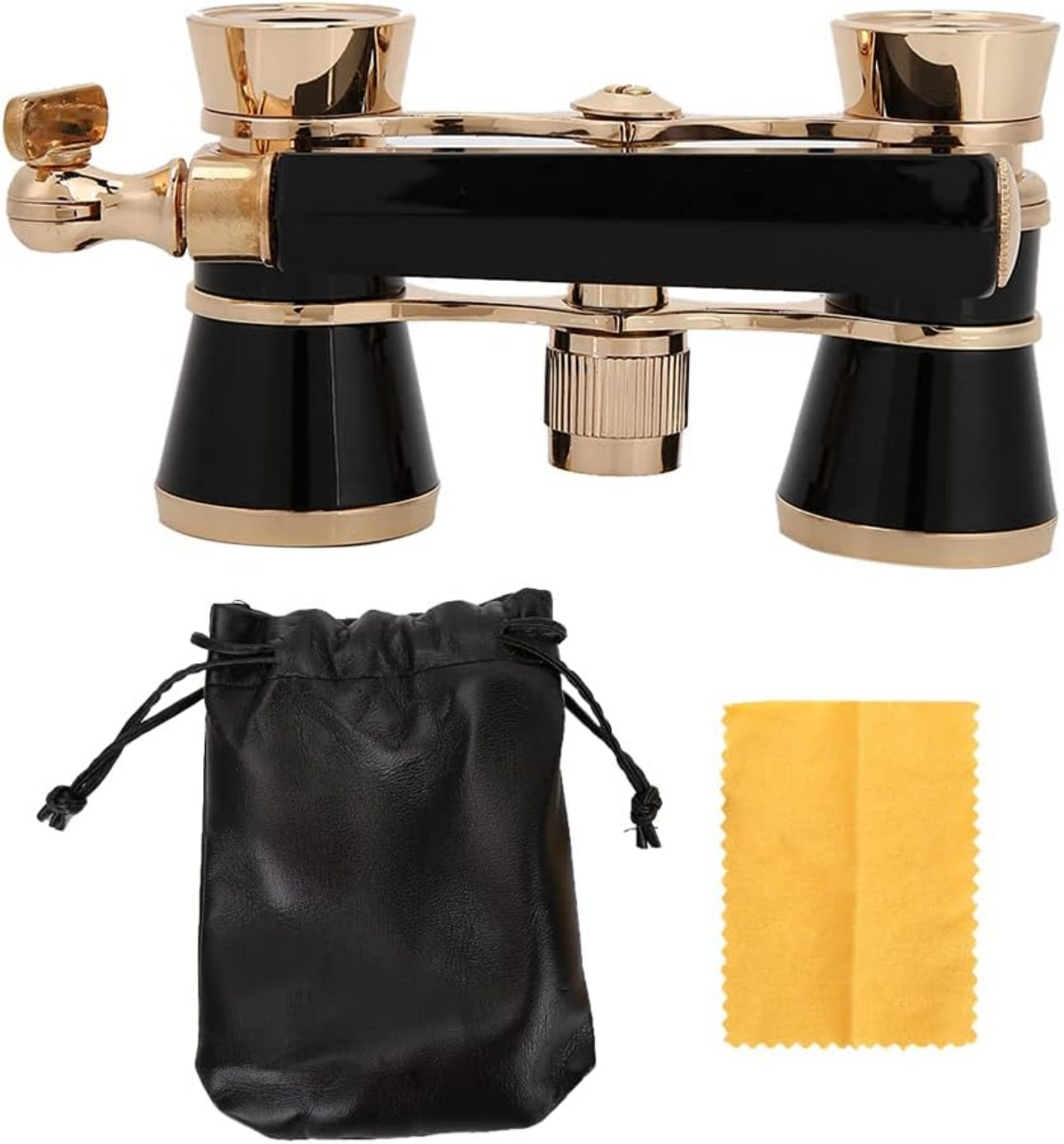 Ein Opernglas-Set in Schwarz und Gold mit schwarzem Beutel und gelbem Tuch.