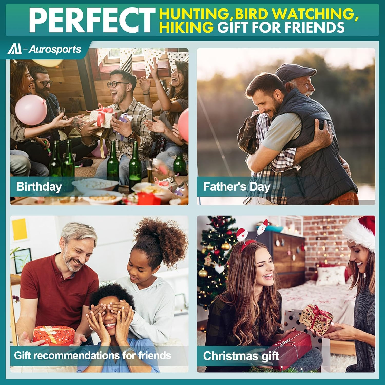 Vier Szenen: Geburtstag, Vatertag, Geschenke für Freunde und Weihnachtsgeschenk.