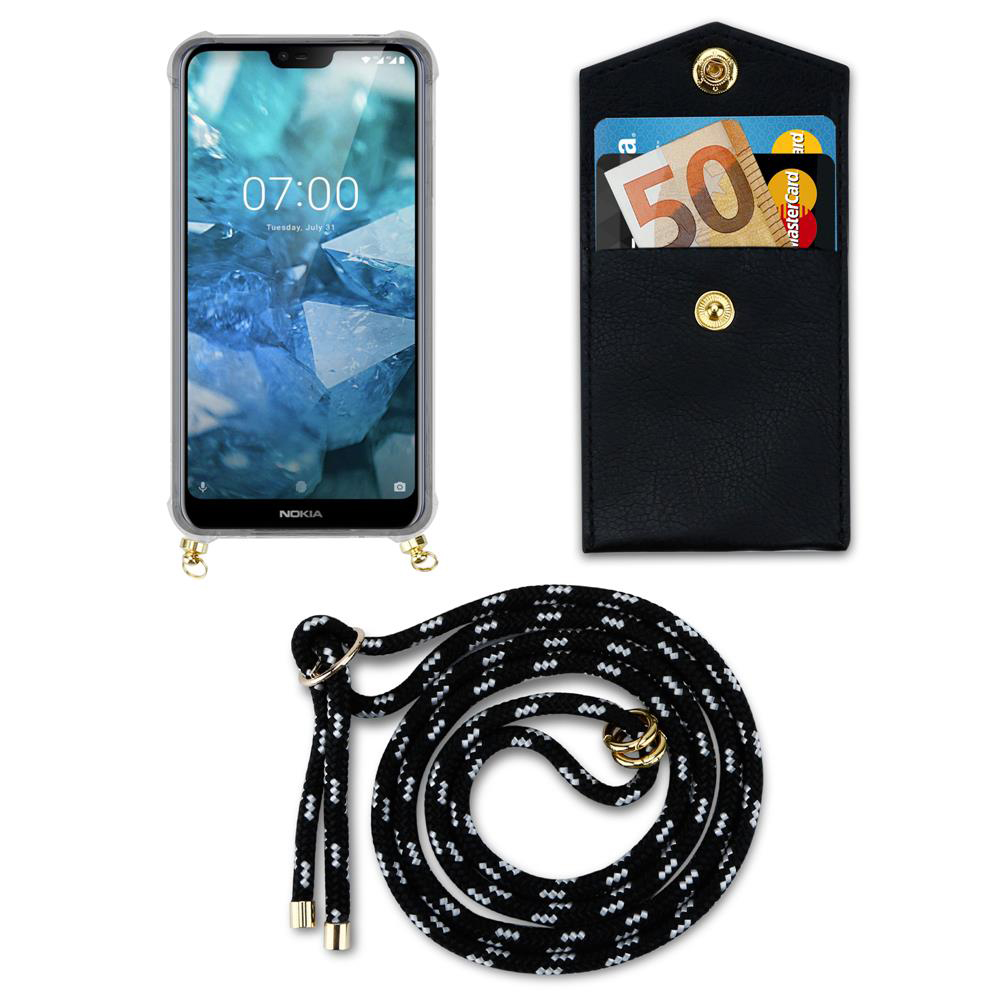 Ein Smartphone mit Hülle, einer schwarzen Brieftasche mit Karten und Geld und einer schwarzen Kordel.