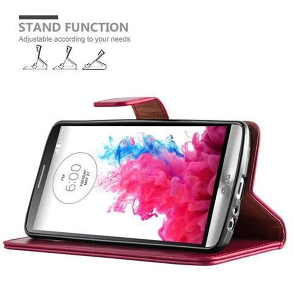 Una custodia rossa per telefono con funzione stand, che mostra un telefono LG.