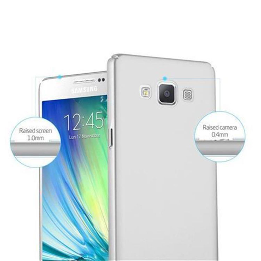 Teléfono Samsung blanco con funda transparente que muestra una pantalla elevada de 1,0 mm.