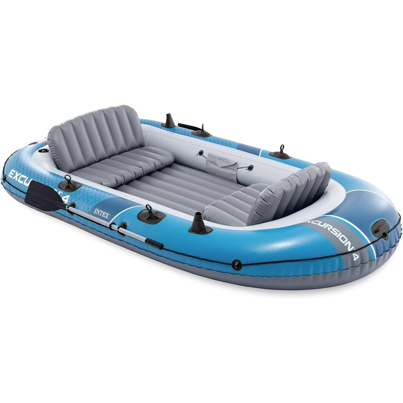 Ein blaues Schlauchboot mit grauen Sitzen und Paddeln, für vier Personen.