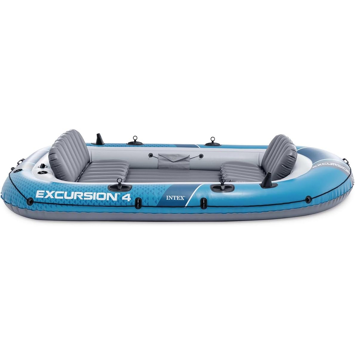 Ein blau-graues Schlauchboot mit vier Sitzen und der Aufschrift "EXCURSION 4".