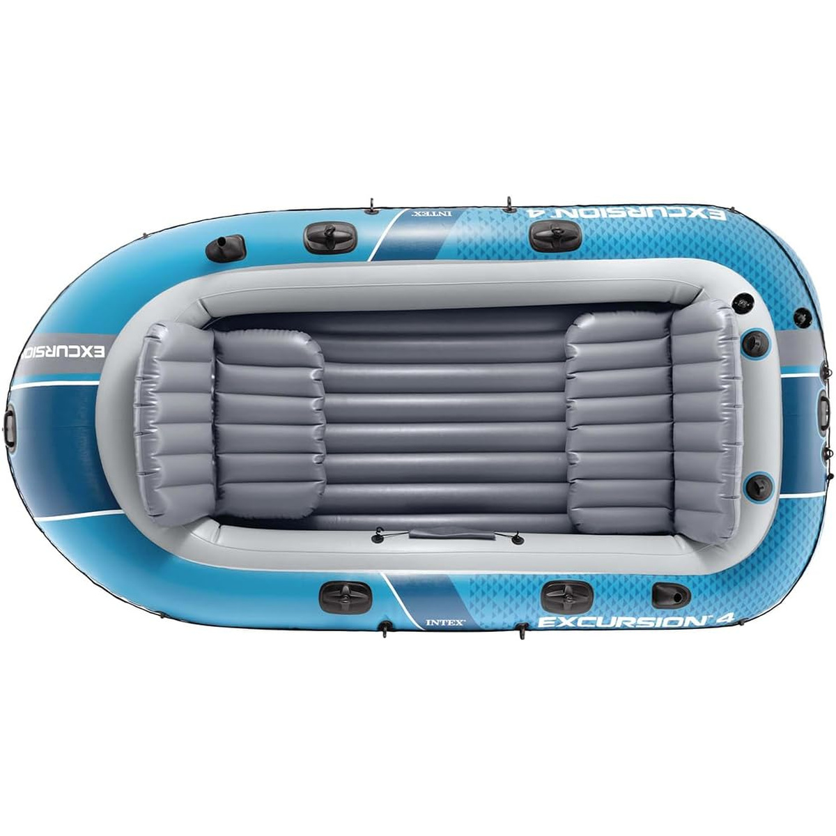 Blaues Schlauchboot mit grauen Sitzen und schwarzen Griffen, Modell Excursion 4.