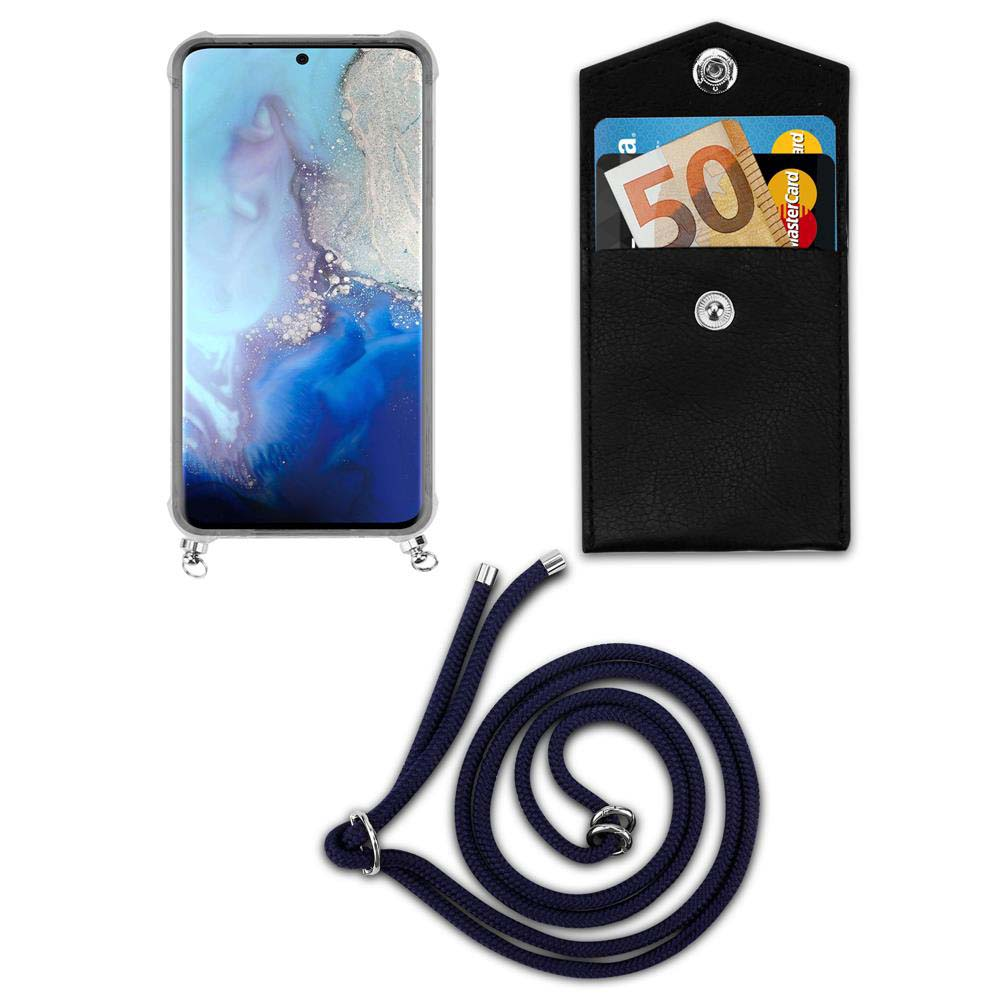 Smartphone con custodia, portafoglio con banconota da 50€ e carta, e cordino.