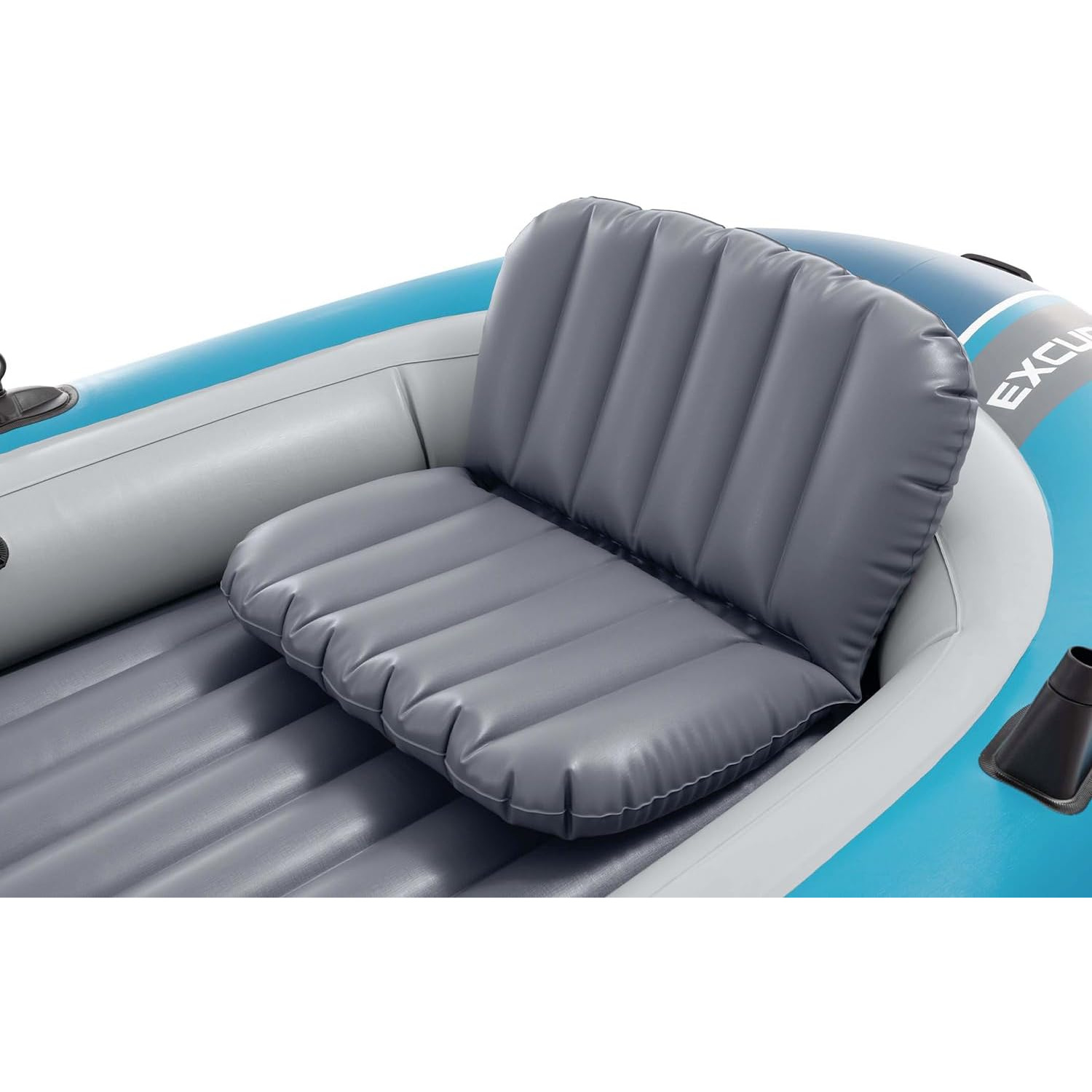 Ein aufblasbares Boot mit grauen Sitzen und blauem Rumpf.