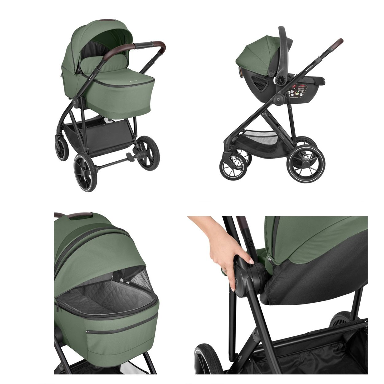 Un cochecito verde con capazo y silla de coche. Primer plano del interior.