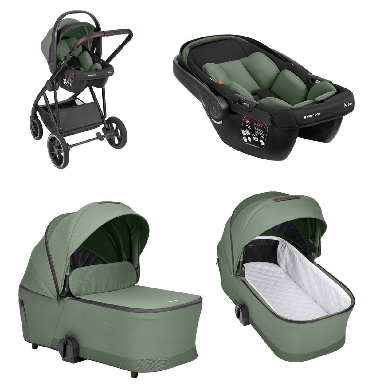 Cuatro accesorios de sistema de viaje para bebés verde oliva: cochecito, asiento auto.
