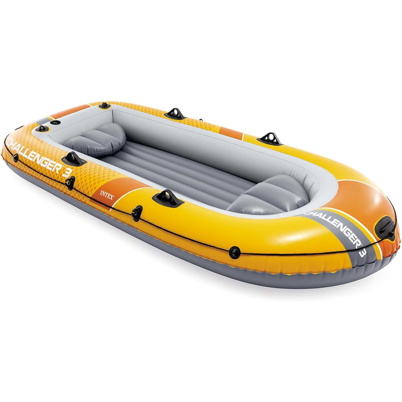 Ein gelbes Schlauchboot mit grauen Sitzen und orangefarbenen Akzenten.