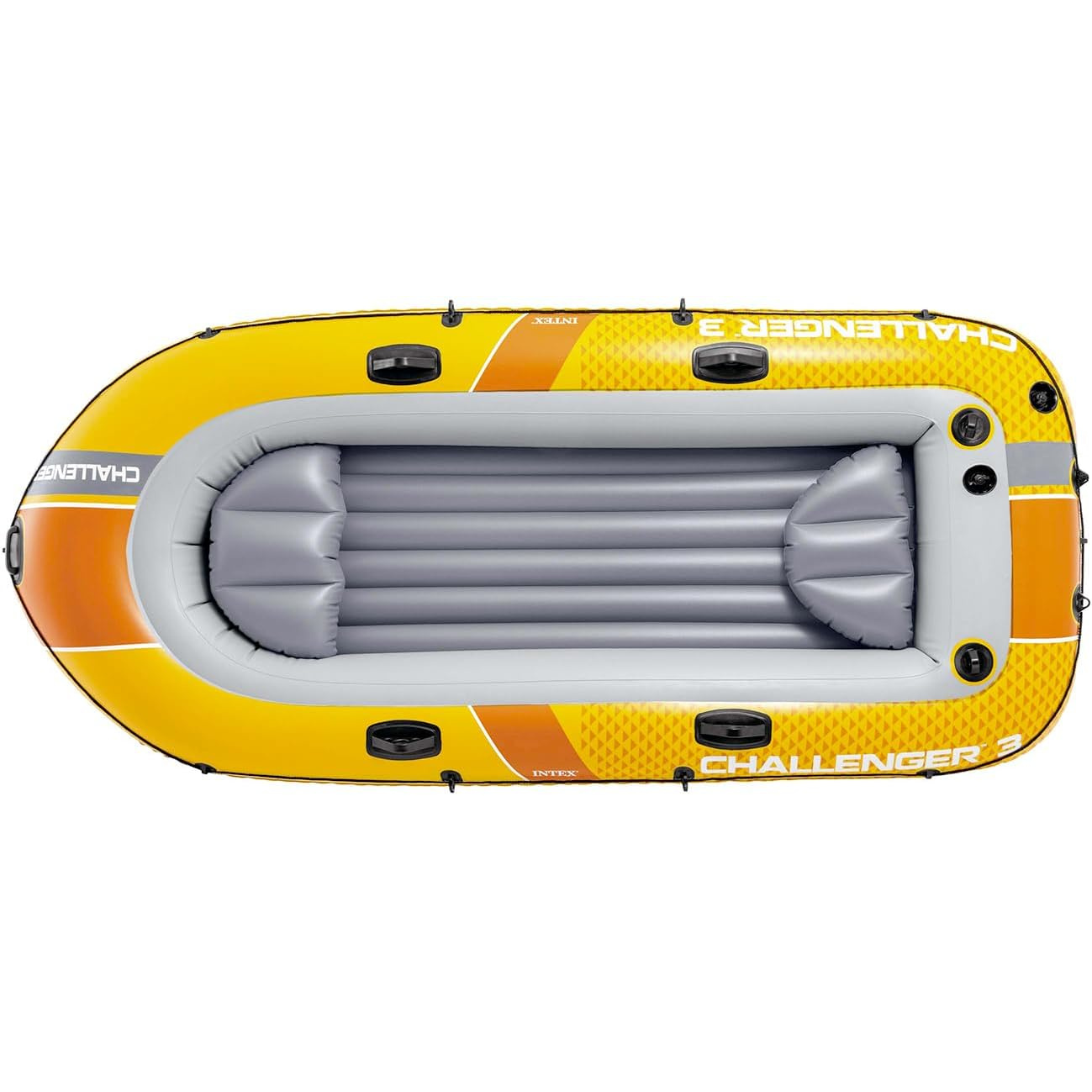 Gelbes und oranges Schlauchboot mit grauen Sitzen und schwarzen Griffen.