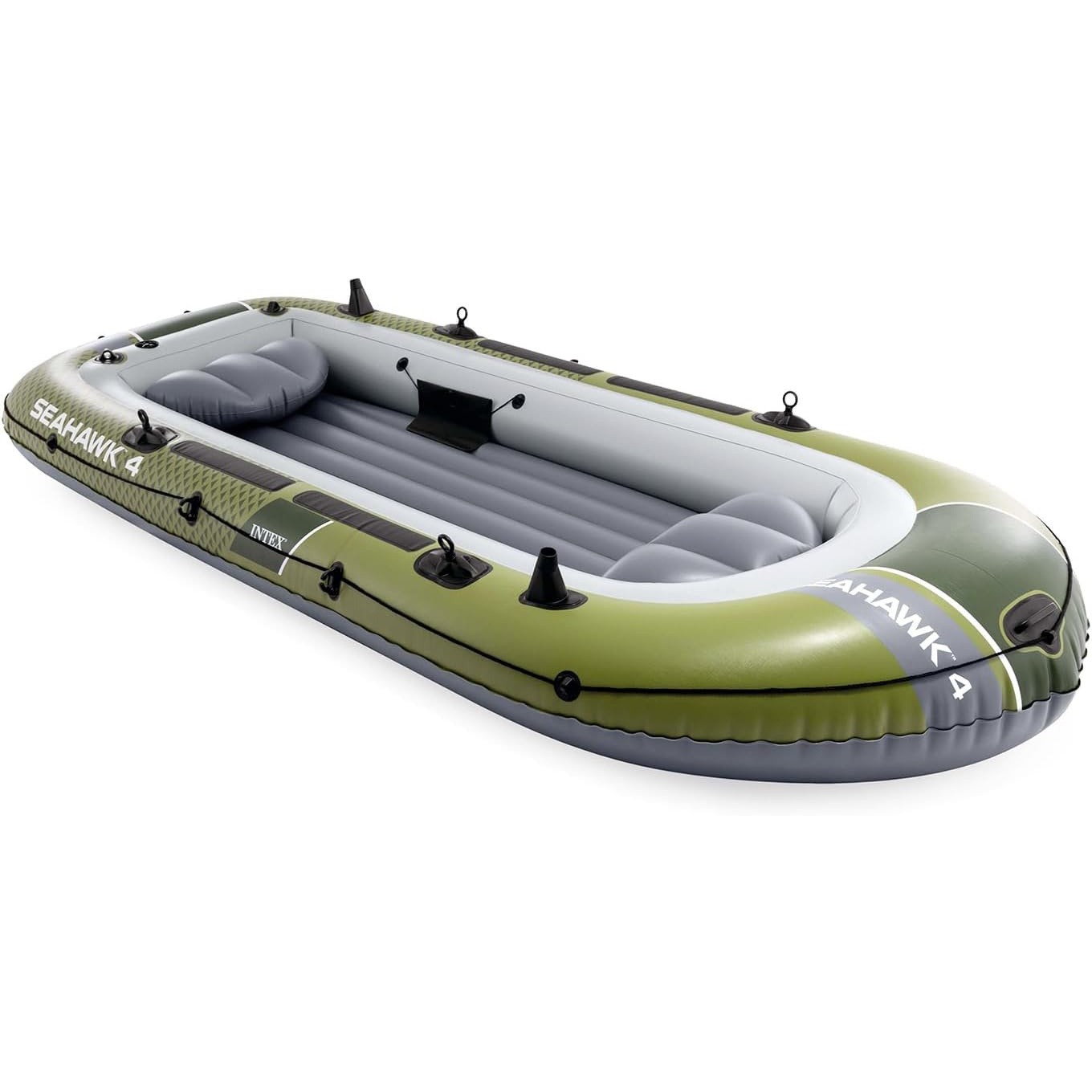 Ein aufblasbares Boot in Grün und Grau mit "SEAHWAK 4" Aufschrift.