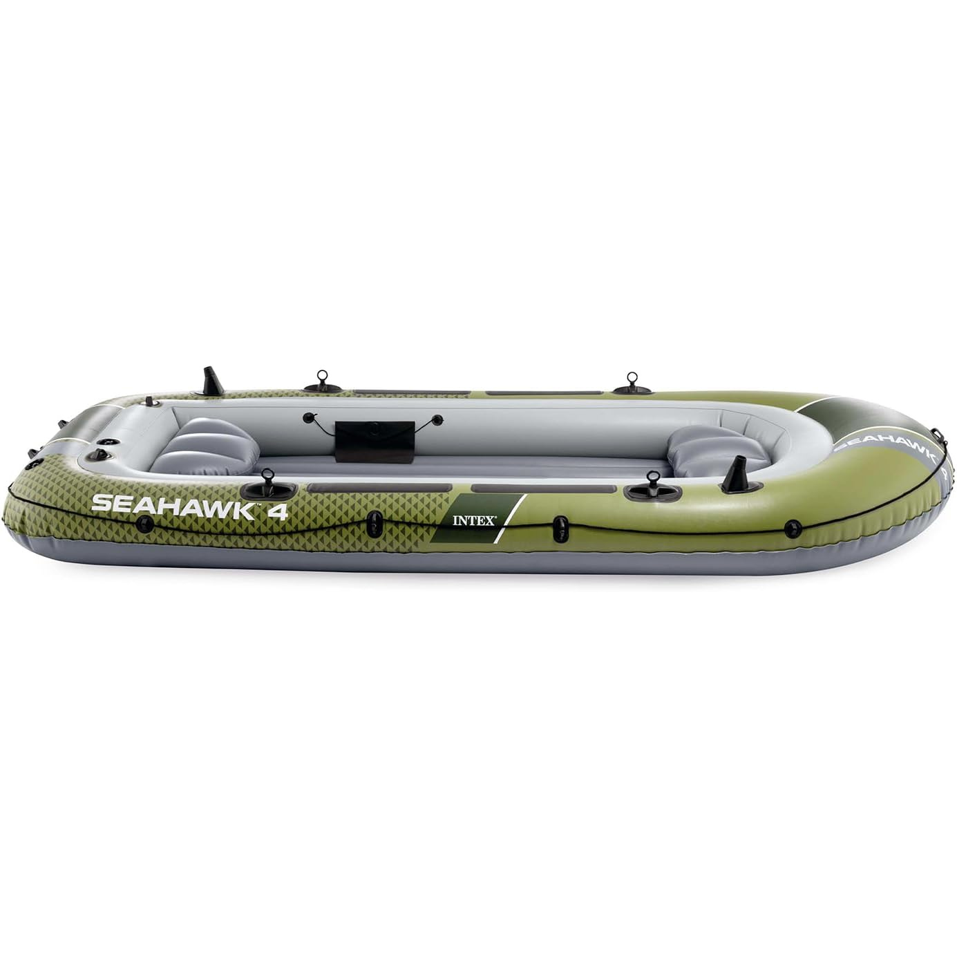 Grünes Schlauchboot mit grauen Sitzen und dem Aufdruck Seahawk 4.