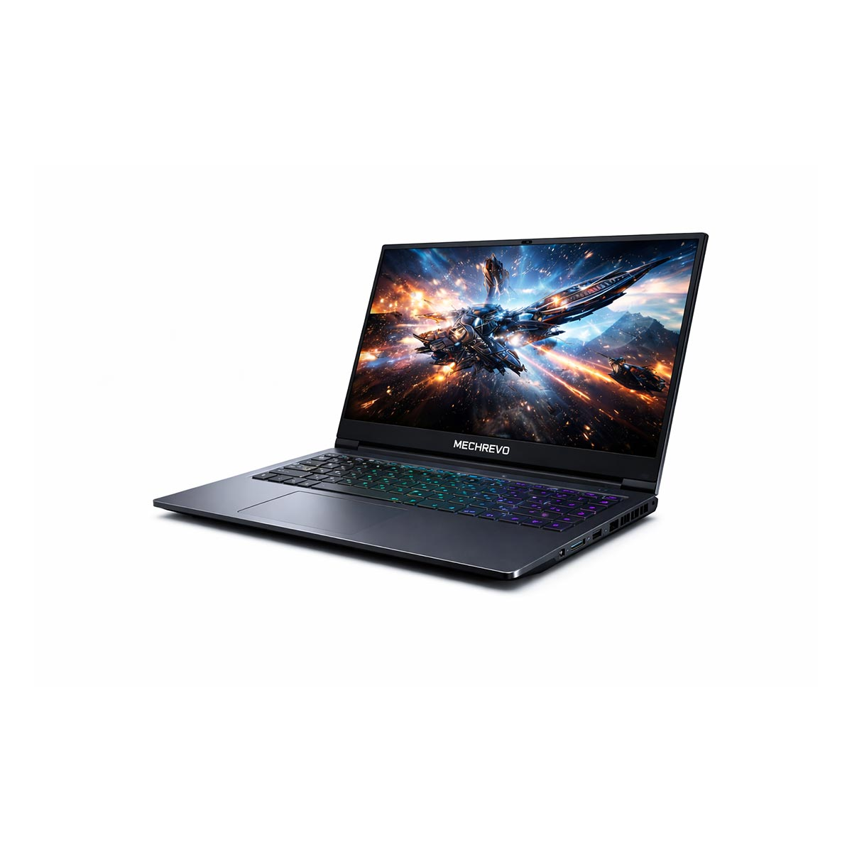 Otwarty laptop wyświetla scenę science-fiction na ekranie z podświetlaną klawiaturą.