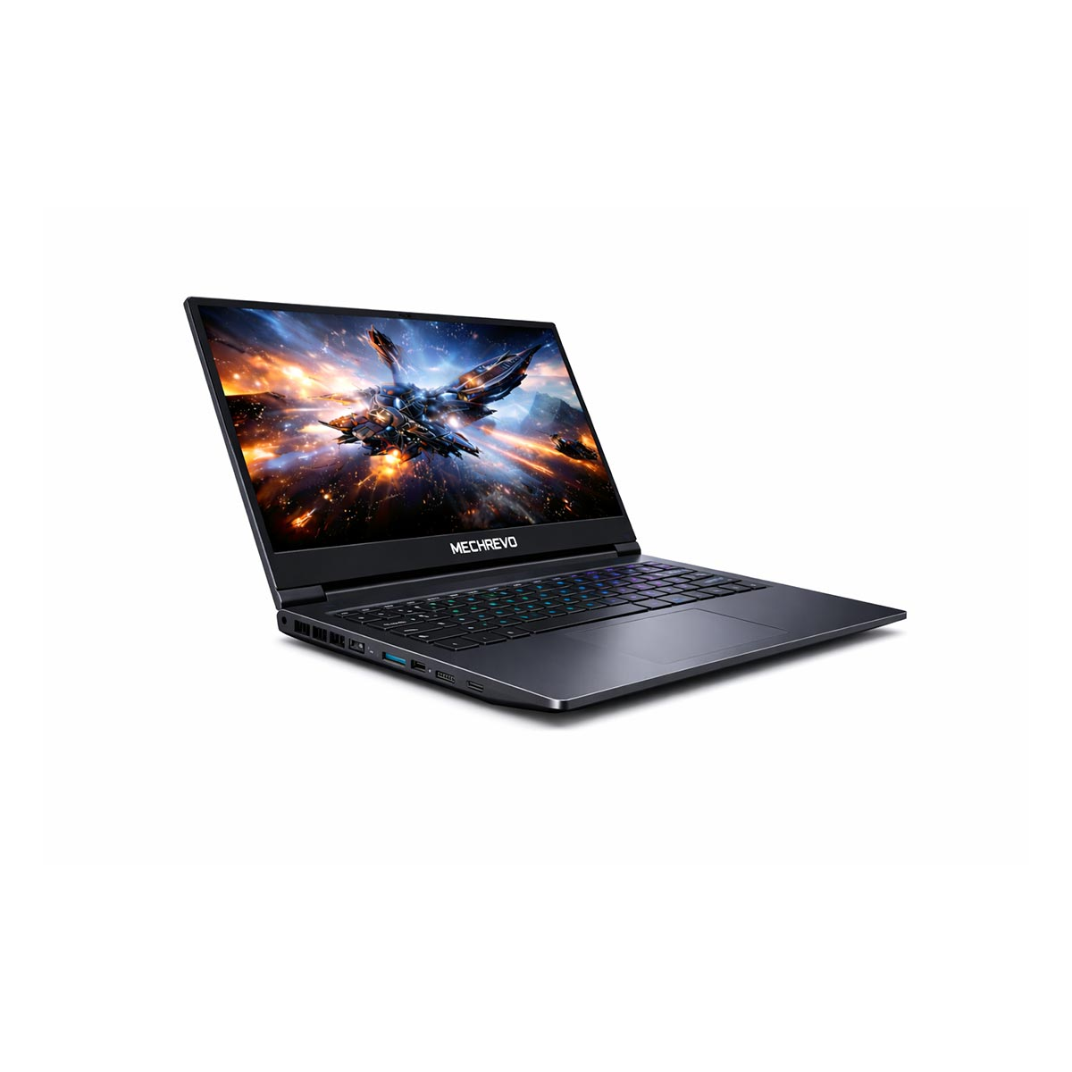 Ciemny laptop z podświetlaną klawiaturą i bitwą kosmiczną na ekranie.