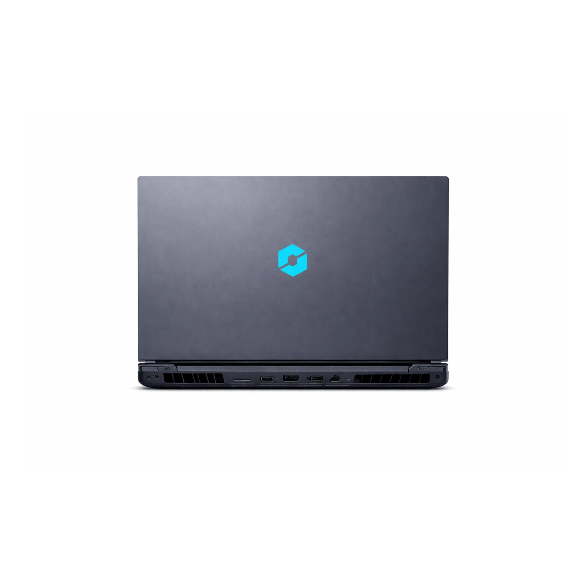 Zamknięty, ciemny laptop z niebieskim logo na pokrywie i portami z boku.