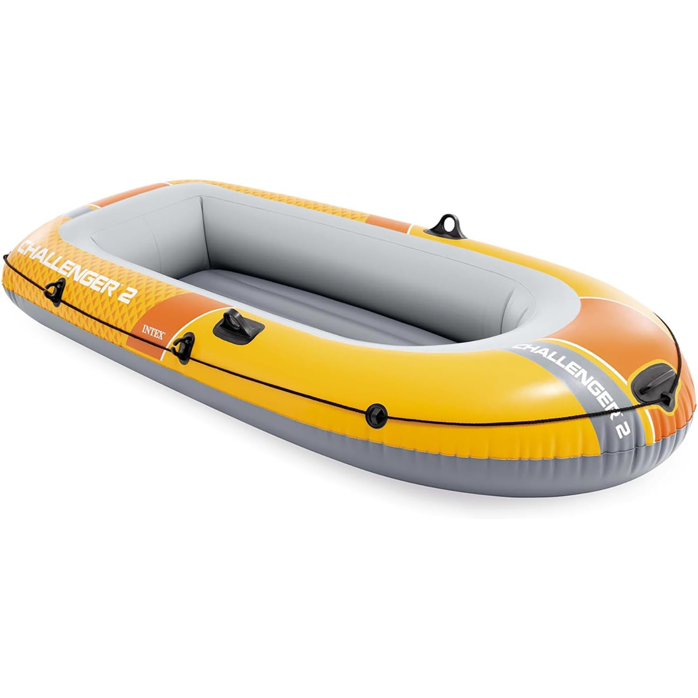 Ein gelbes und graues Schlauchboot mit der Aufschrift "Challenger 2".