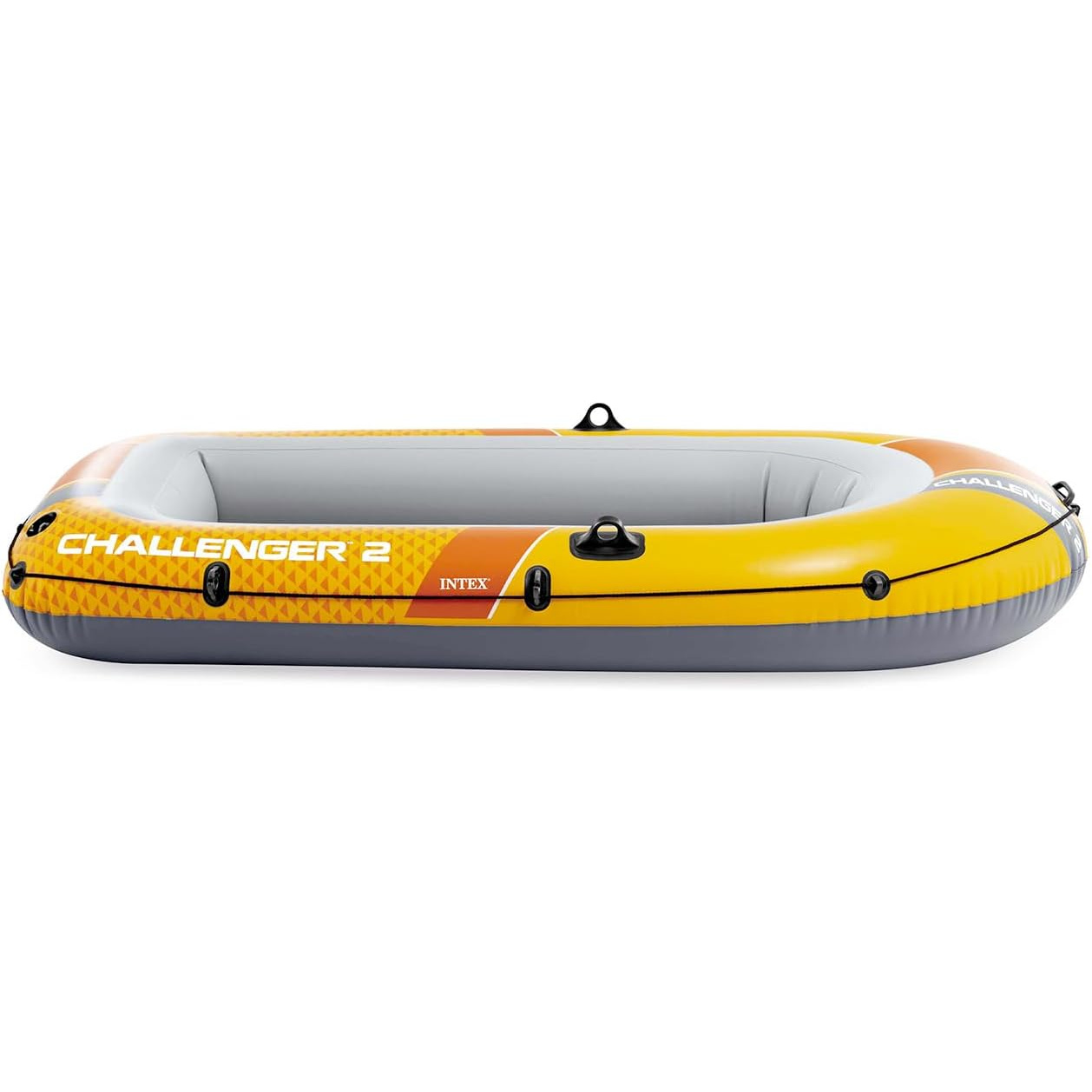 Ein gelbes Schlauchboot mit grauen und orangen Akzenten auf weißem Hintergrund.