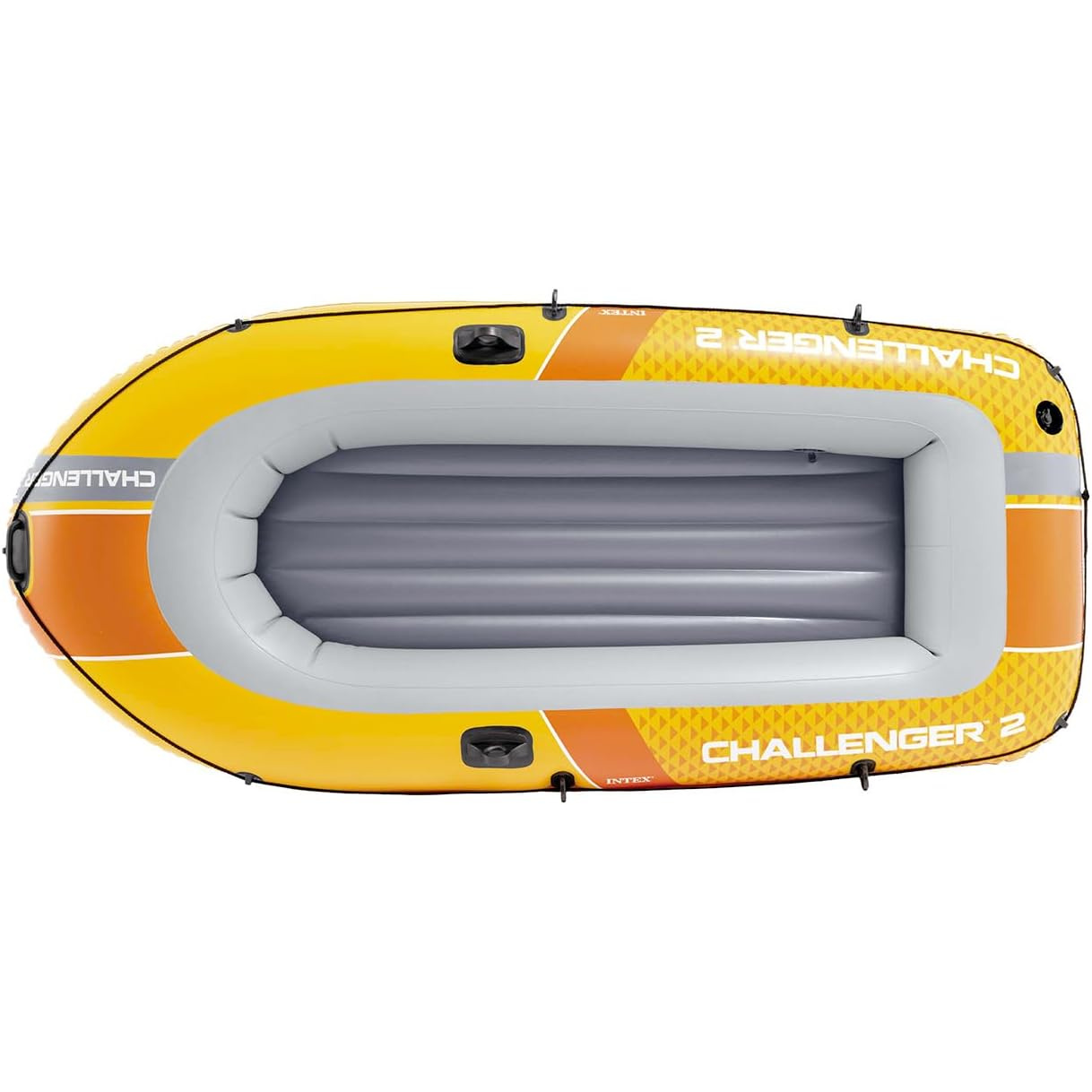 Gelbes Schlauchboot mit grauen Sitzen und orangen Akzenten.