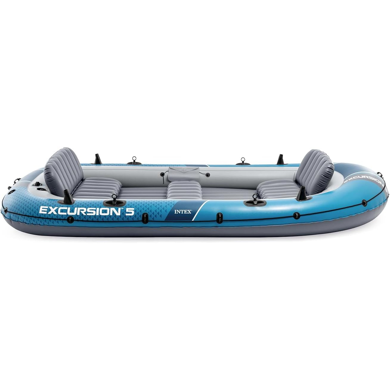 Ein blaues Schlauchboot mit grauen Sitzen und dem Text „EXCURSION 5“.