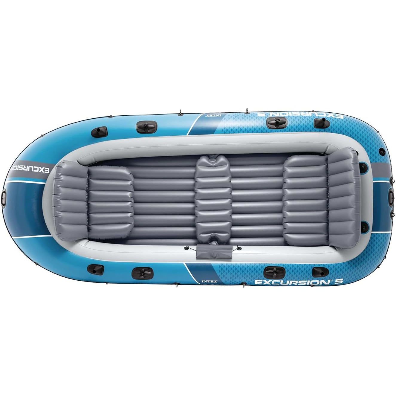 Ein aufblasbares Schlauchboot in Blau und Grau mit mehreren Sitzen.