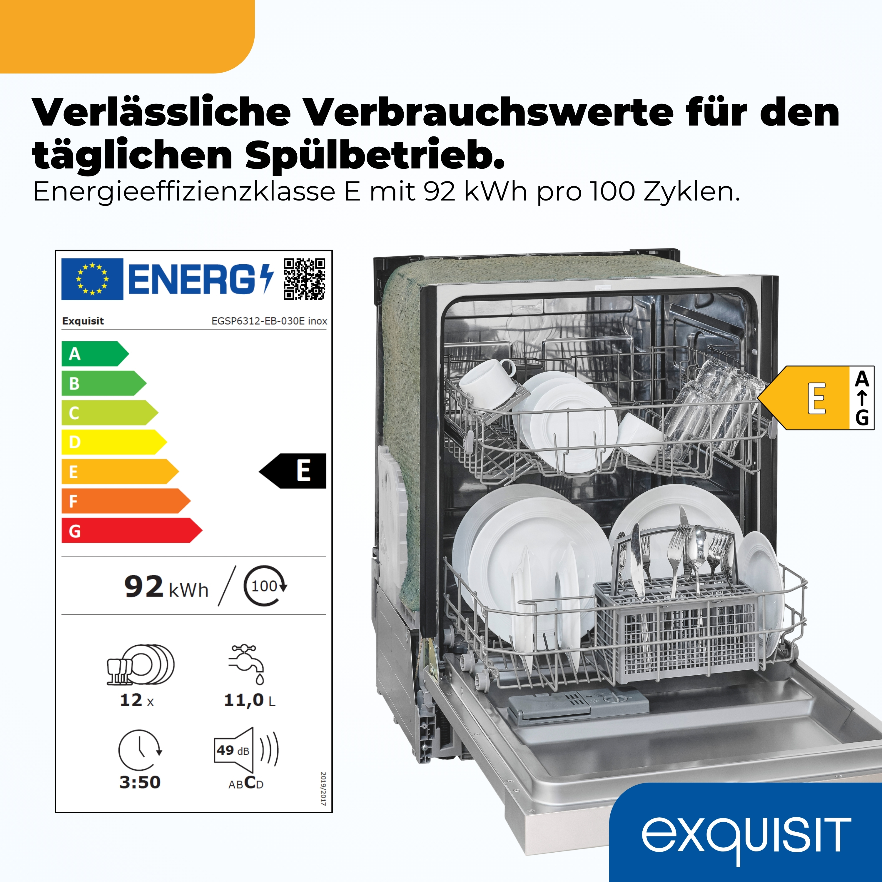 Einbaugeschirrspüler mit Energieeffizienzklasse E, gefüllt mit Geschirr.