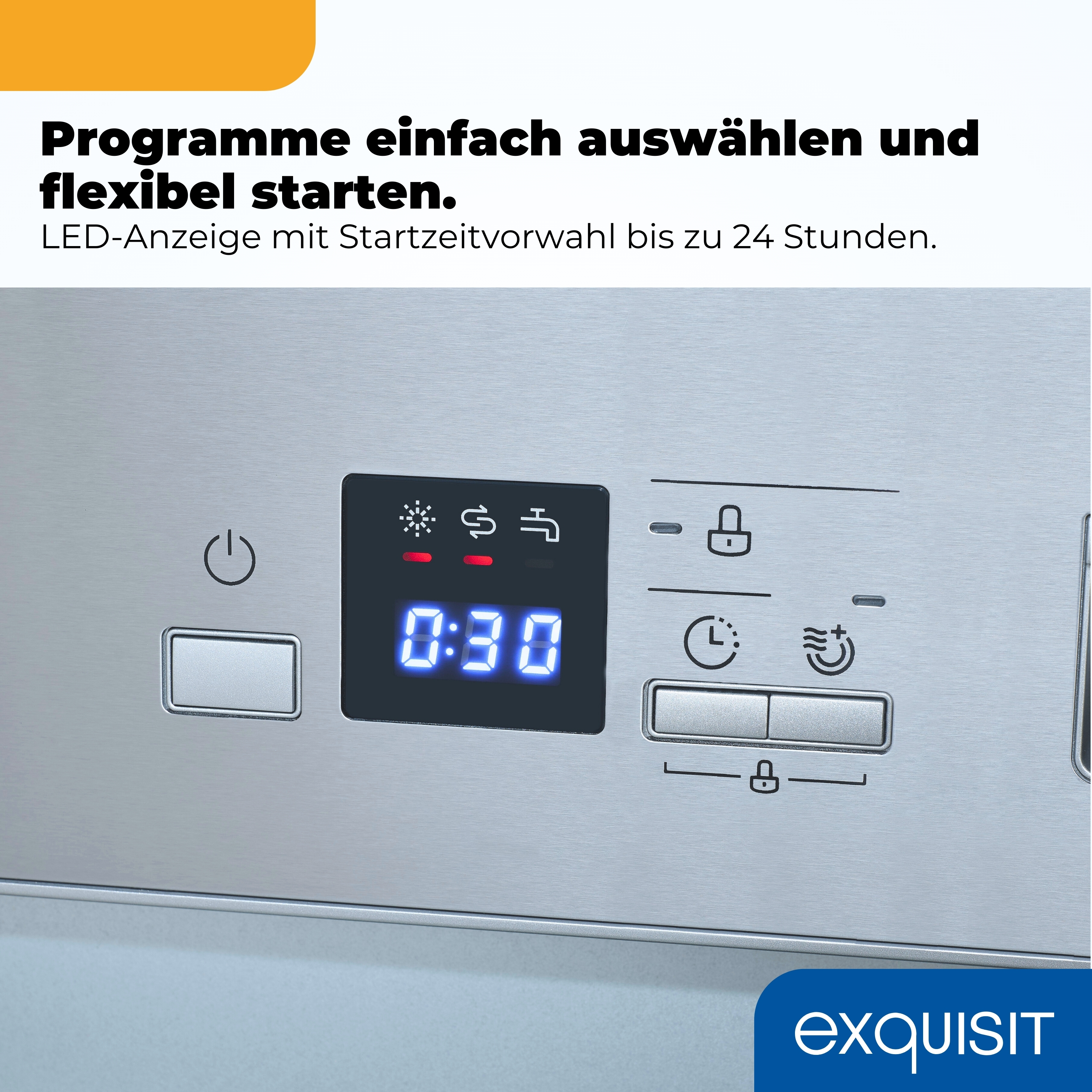 Geschirrspüler-Bedienfeld mit LED-Anzeige "0:30" und Symbolen.