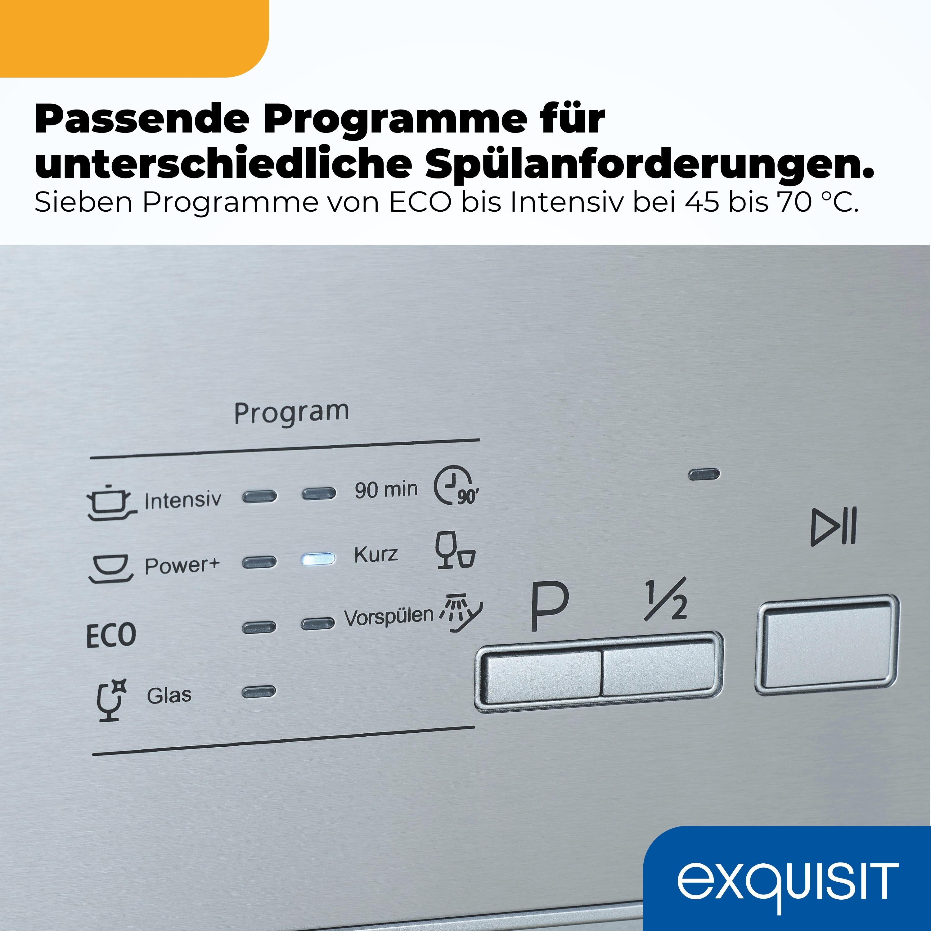 Geschirrspüler-Bedienfeld mit Programmen wie ECO, Intensiv, Kurz.