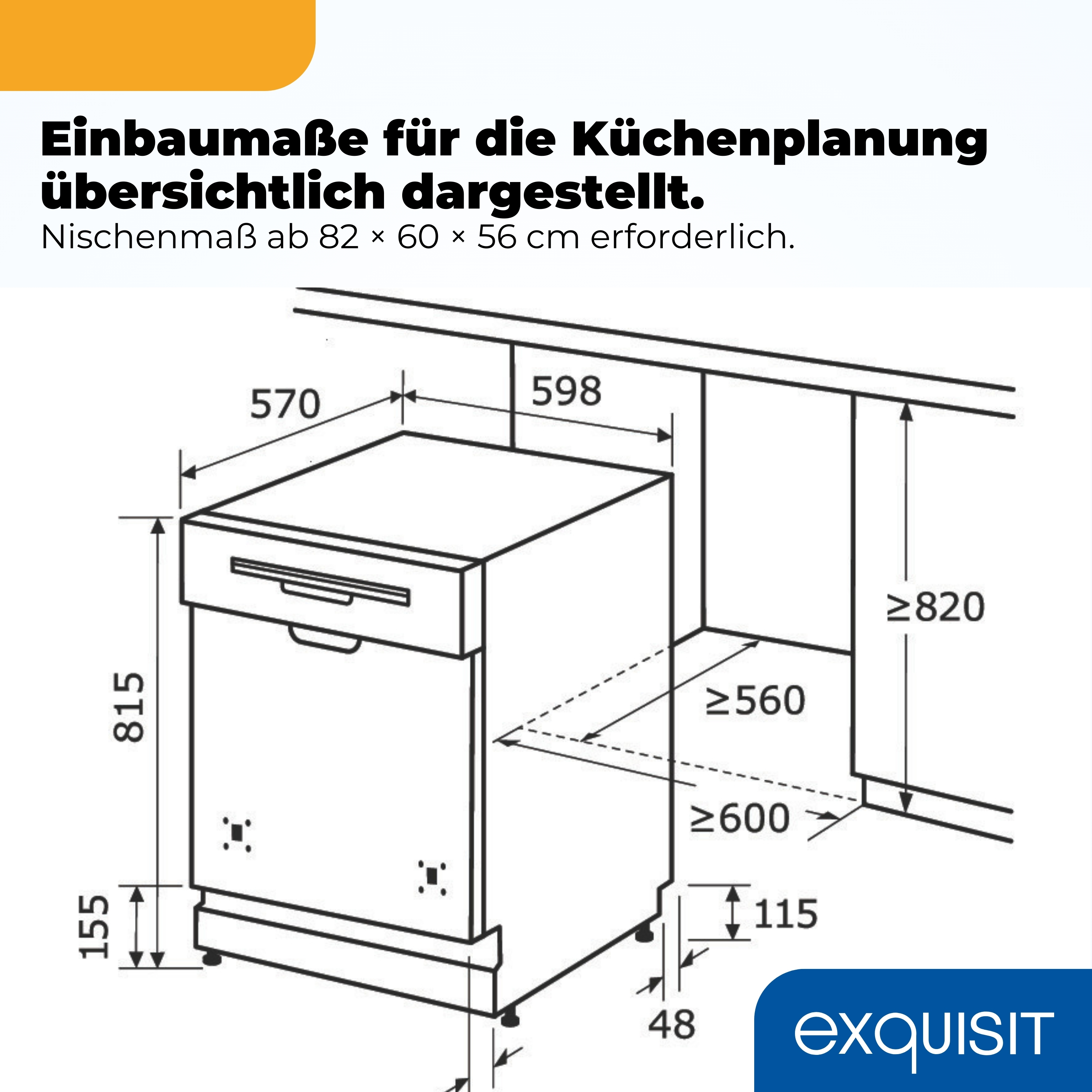 Technische Zeichnung eines Geschirrspülers mit Maßen für den Einbau.