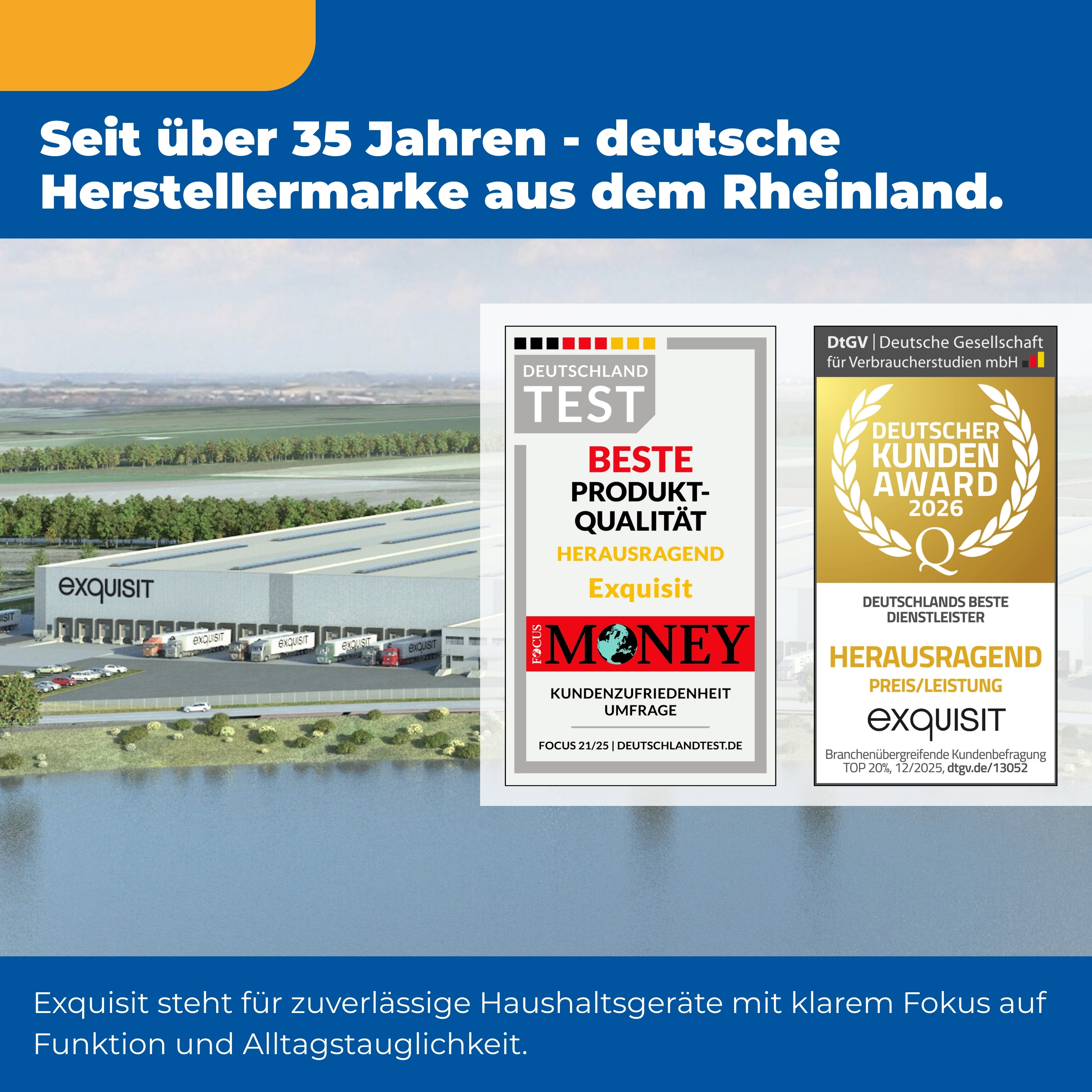 Exquisit Logistikzentrum mit LKWs, Auszeichnungen und Text über deutsche Herstellermarke.