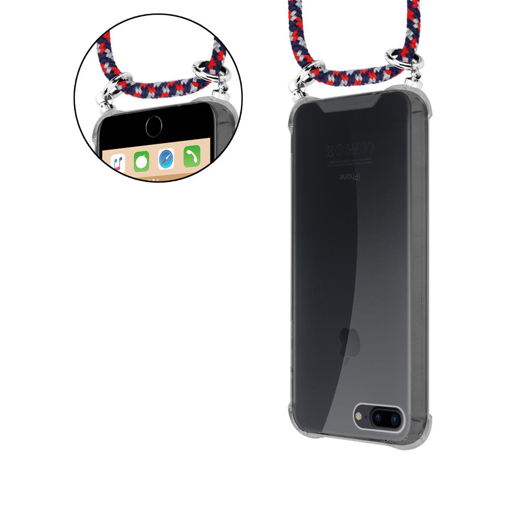 iPhone con custodia trasparente e laccetto rosso-blu-bianco.