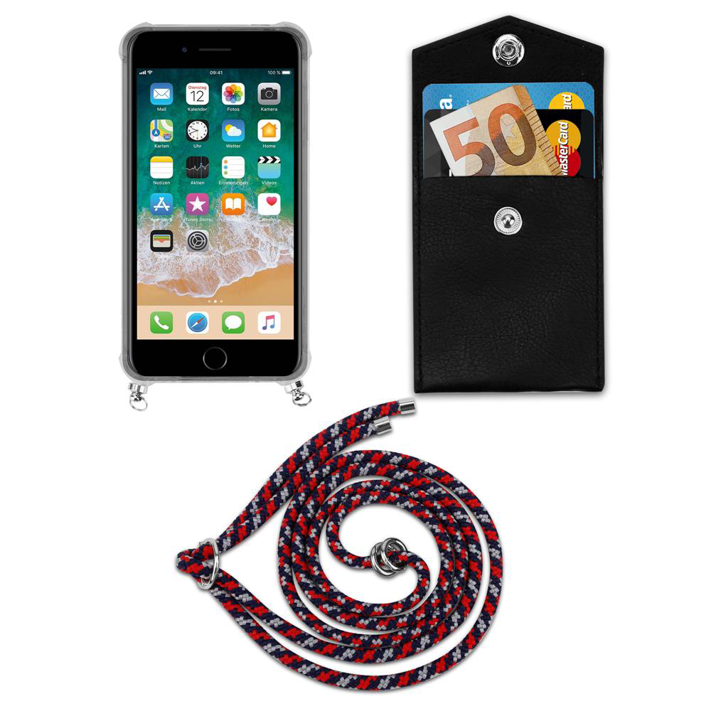 Smartphone con custodia, portafoglio con soldi e carte, e cordino.