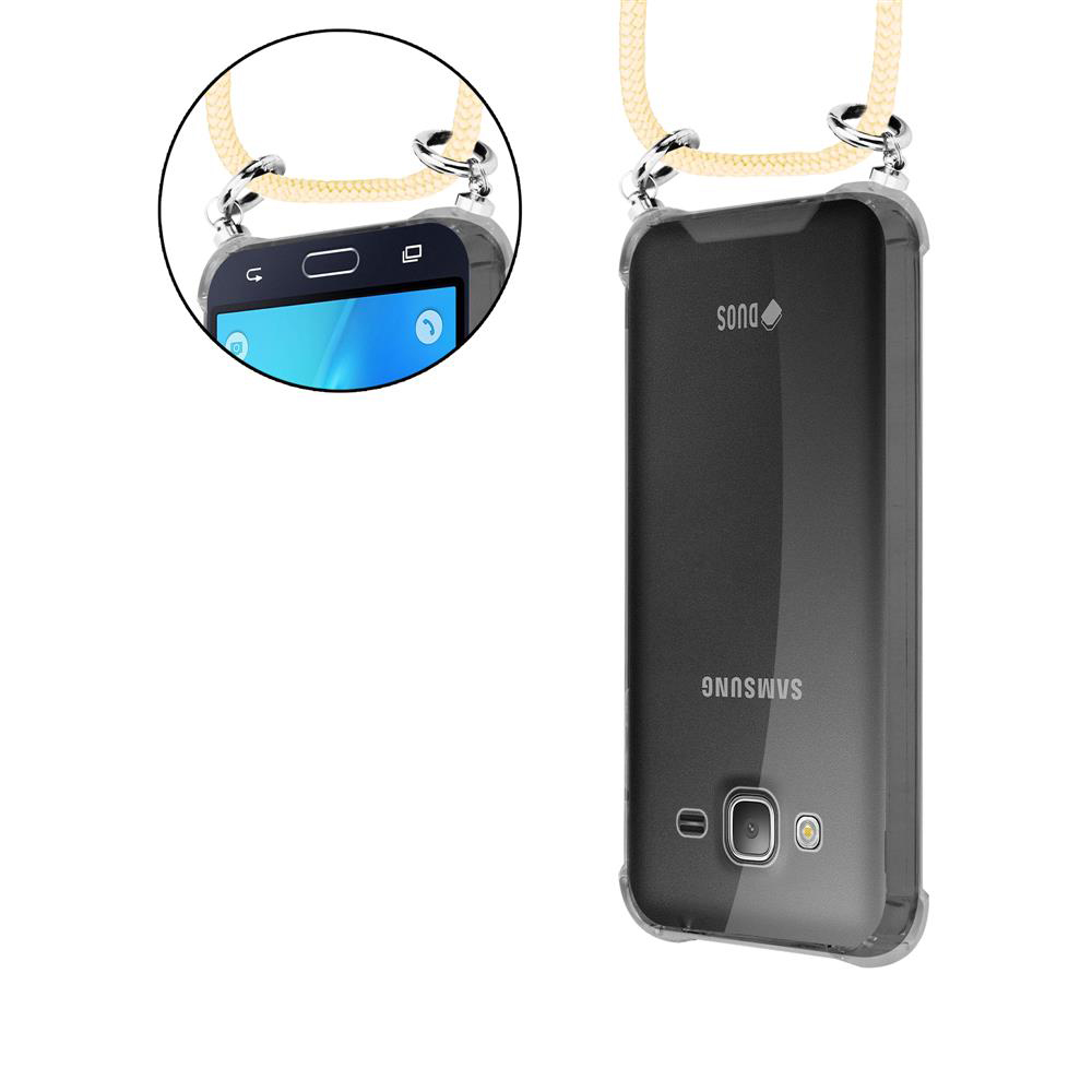 Ein durchsichtiges Samsung Handy mit Lanyard. Links der Bildschirm, rechts die Rückseite.