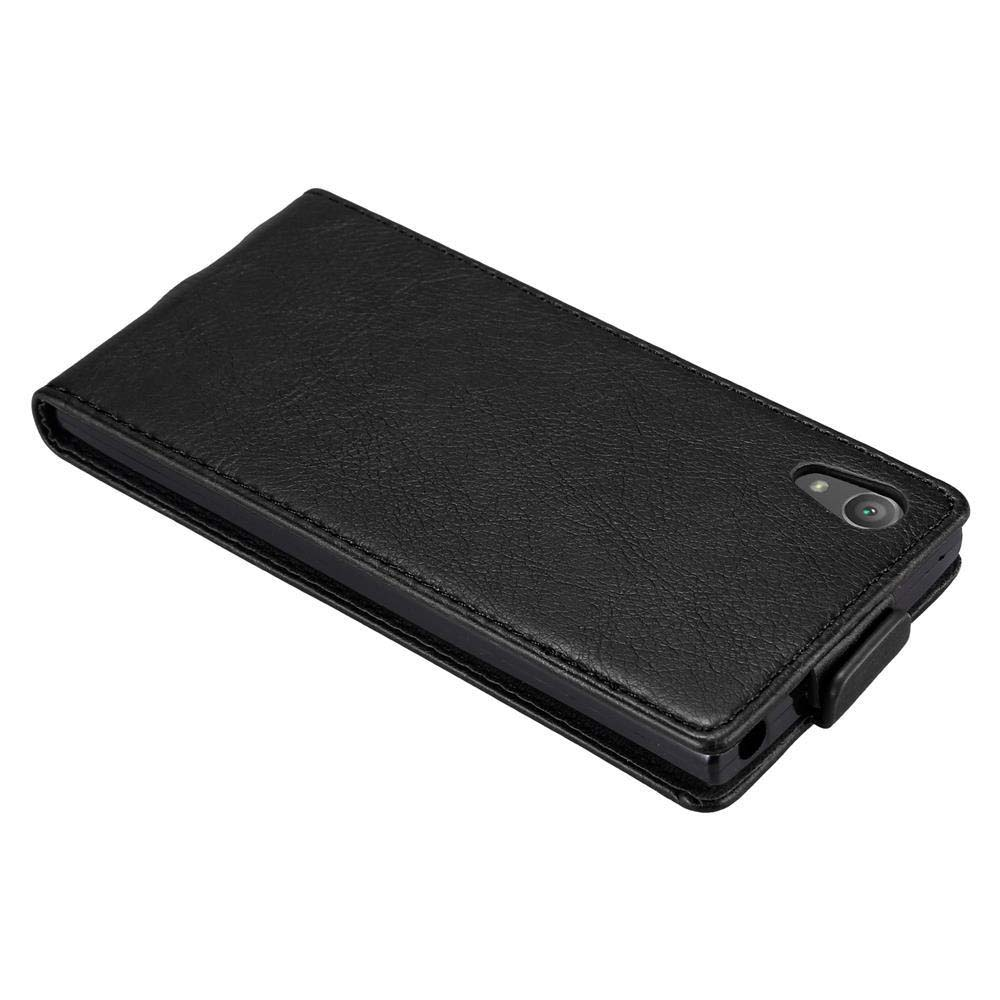 Custodia a libro in pelle nera per smartphone, con ritaglio fotocamera.