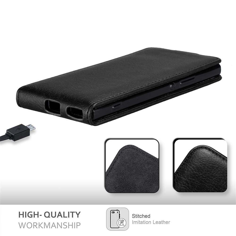 Custodia in pelle nera per telefono con ritagli e cavo USB.