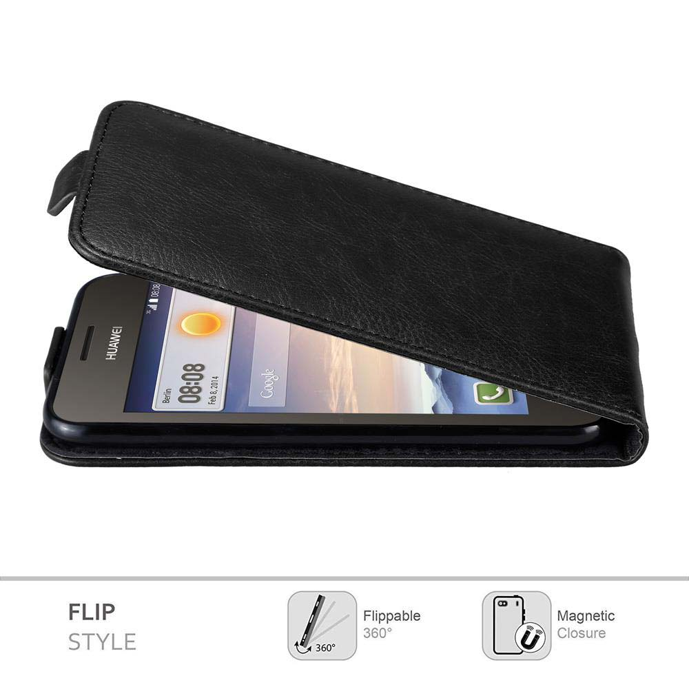 Custodia flip nera per un telefono Huawei con 08:08 visualizzato.