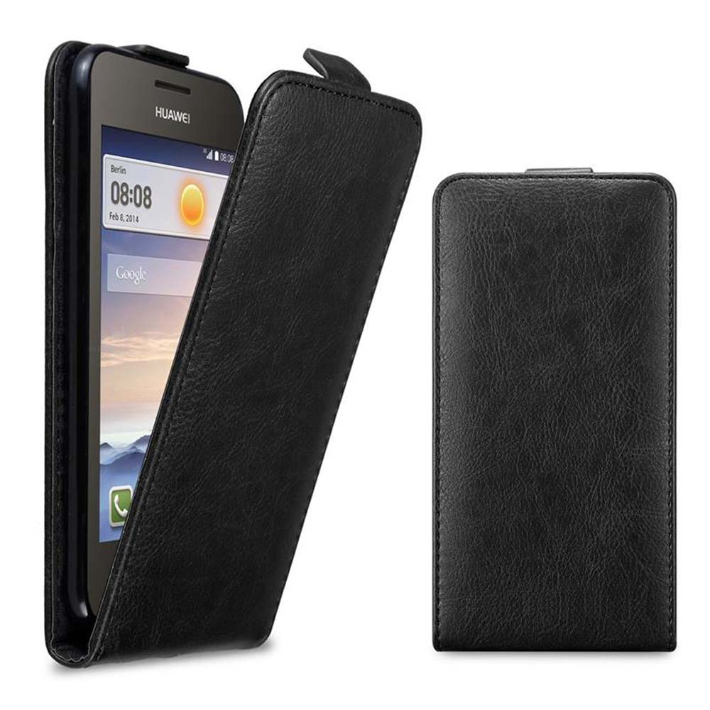 Uno smartphone Huawei nero in una custodia in pelle, che mostra le viste frontale e posteriore.
