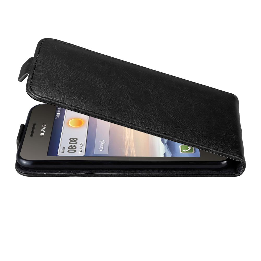 Custodia in pelle nera con uno smartphone Huawei che mostra la schermata principale.