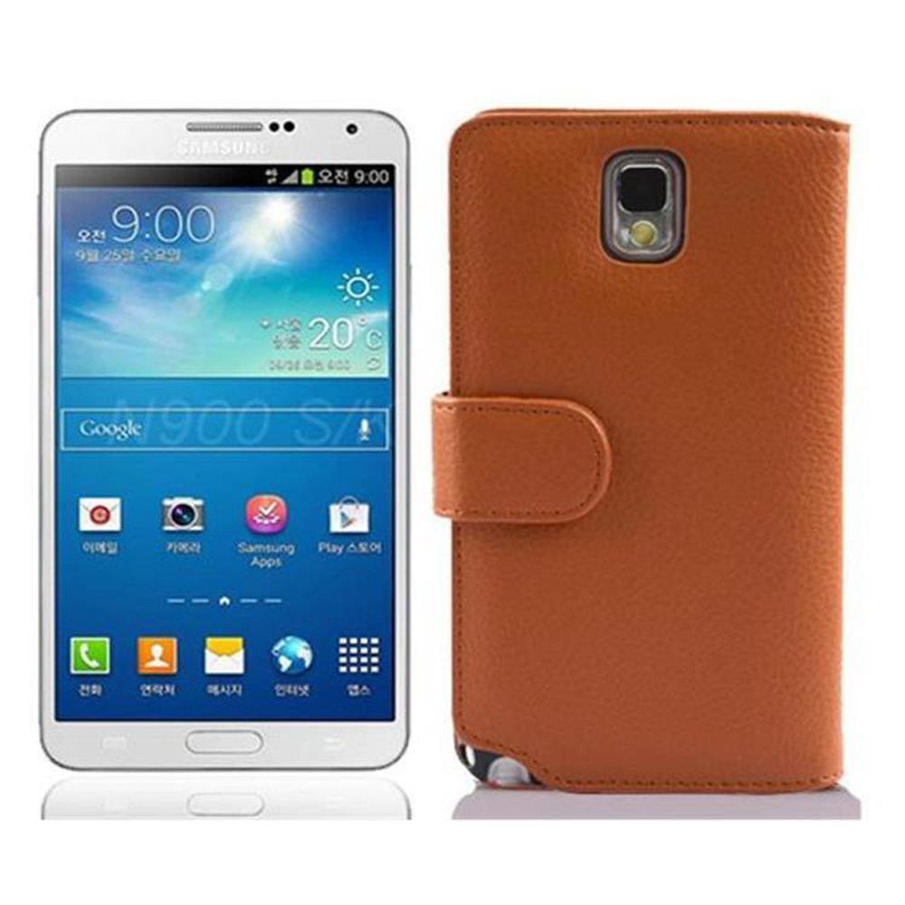 Ein weißes Smartphone neben einer braunen Lederhülle.