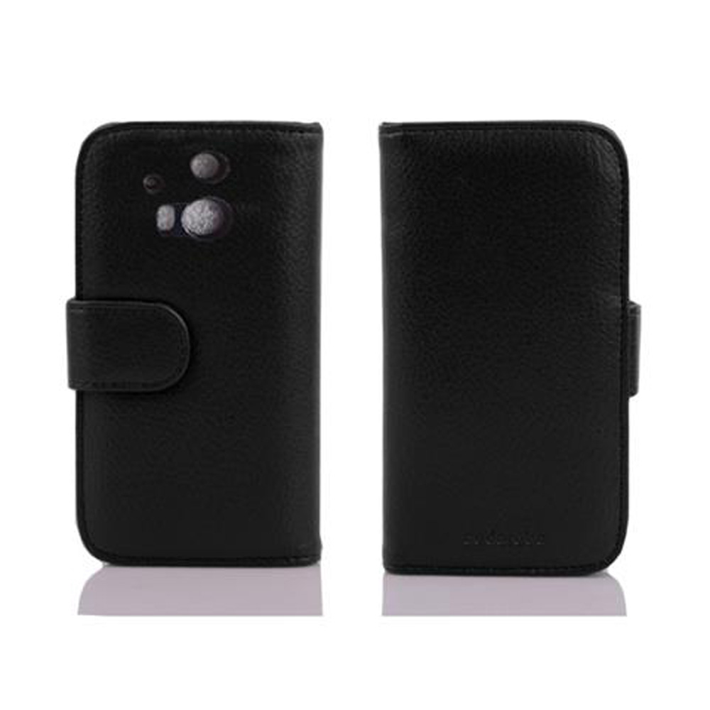 Custodia nera per telefono con ritaglio fotocamera e chiusura magnetica.