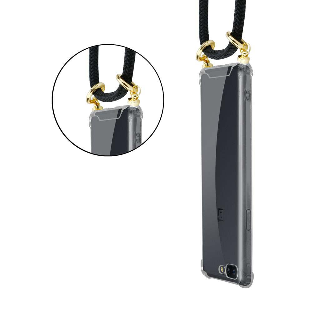 Ein Smartphone in einer transparenten Hülle mit einem schwarzen Band und goldenen Ringen.