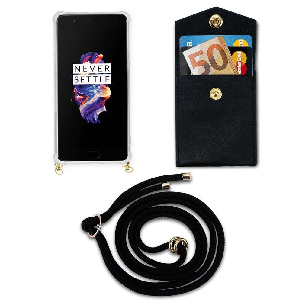 Ein Smartphone mit transparentem Case, daneben ein schwarzes Etui mit Geld und Karten.