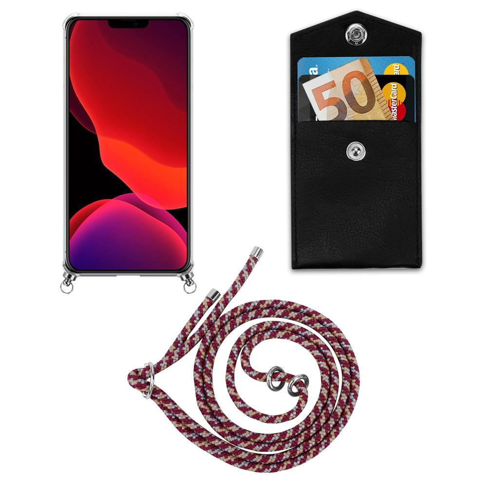 Uno smartphone con sfondo rosso, una tasca nera con banconota da 50 euro e carta.