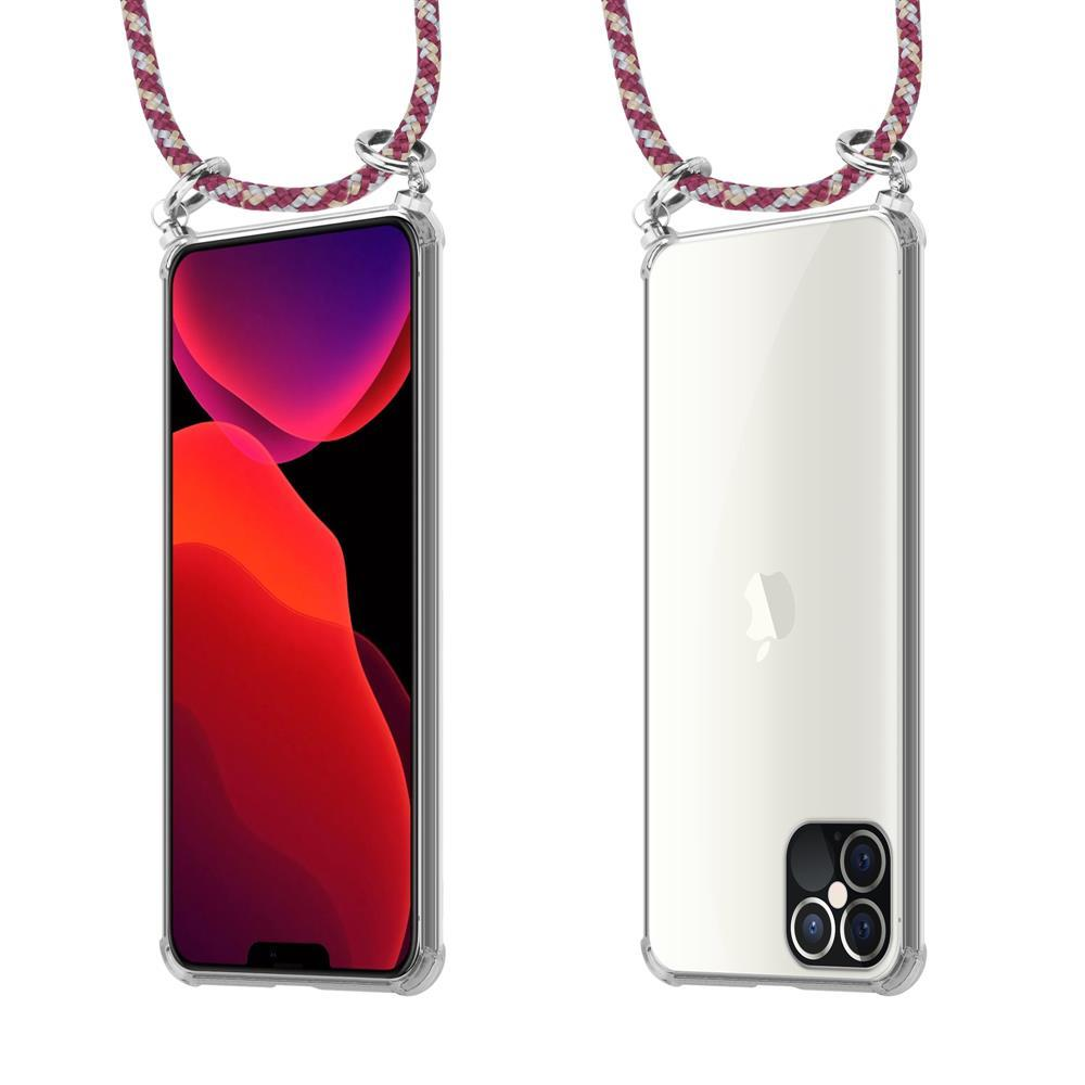 Uno smartphone in custodia trasparente con laccetto, vista frontale e posteriore.