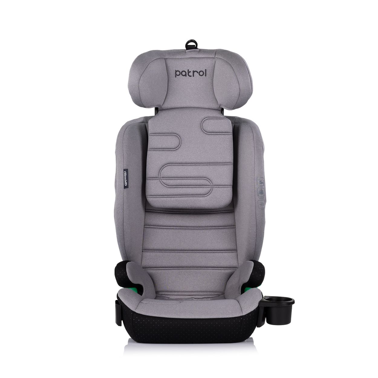 Grauer Kindersitz mit Kopfstütze und Getränkehalter. Gepolsterter Sitz.