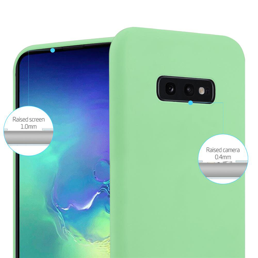 Custodia verde chiaro per telefono mostra schermo e fotocamera rialzati.
