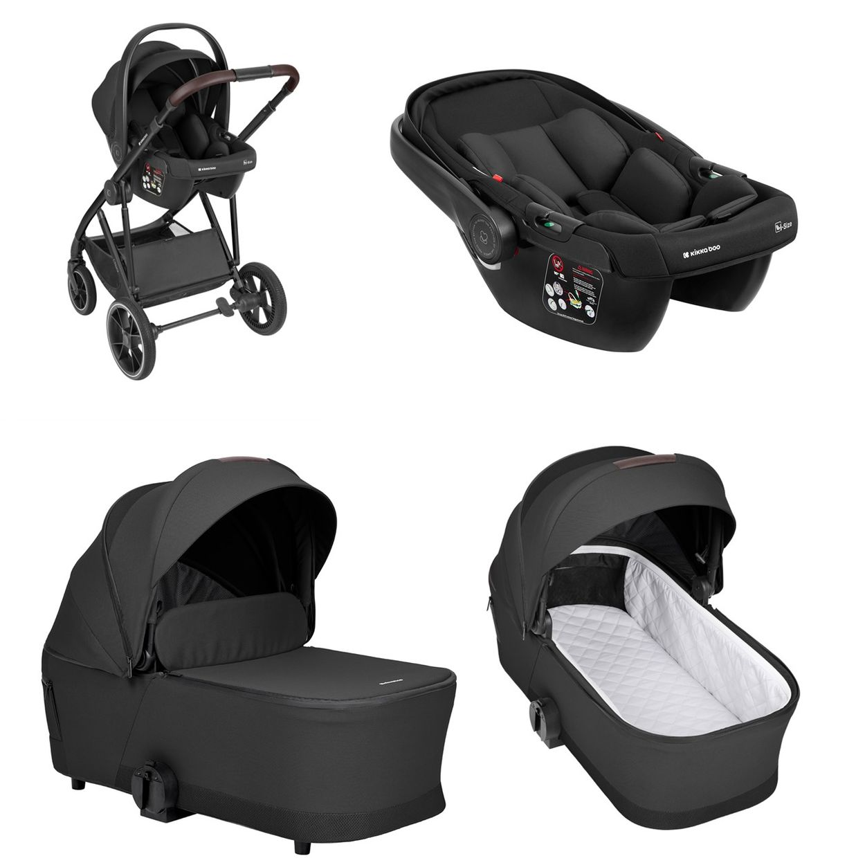 Cuatro artículos negros para sistema de viaje de bebé: cochecito, silla de auto y dos estilos de capazo.