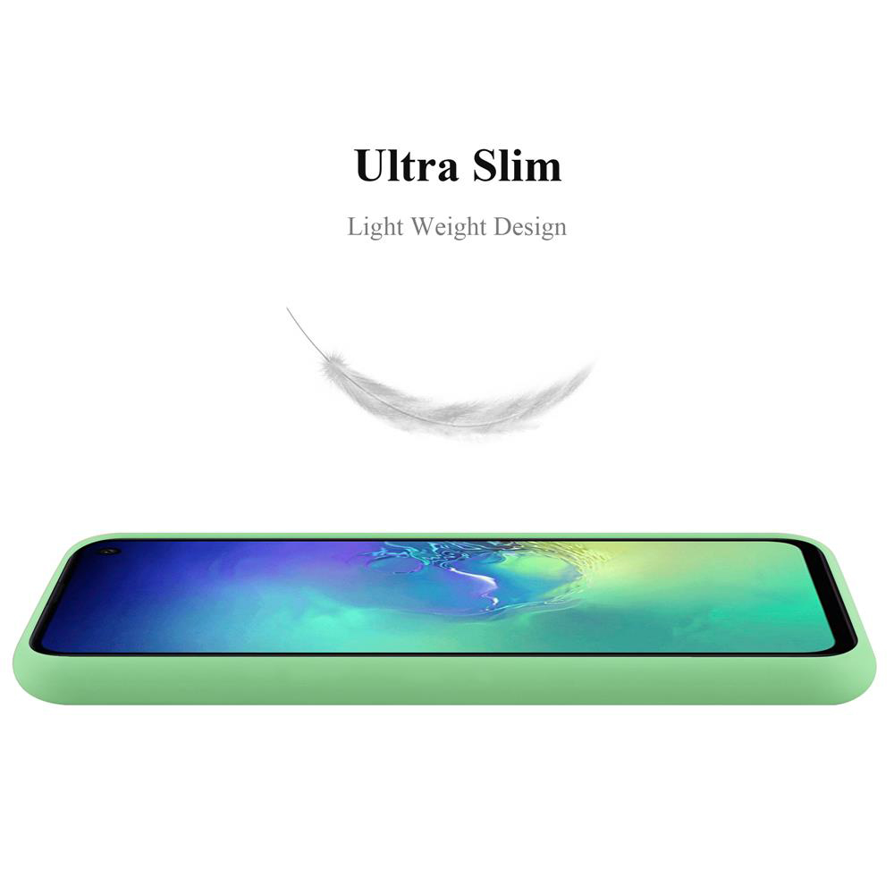 Una cover verde chiaro per telefono con design a piuma, che ne evidenzia la sottigliezza.